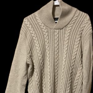 Jos A. Bank Medium Tan Cable Knit Mock V-Neck Heavy Weight 100% Cotton